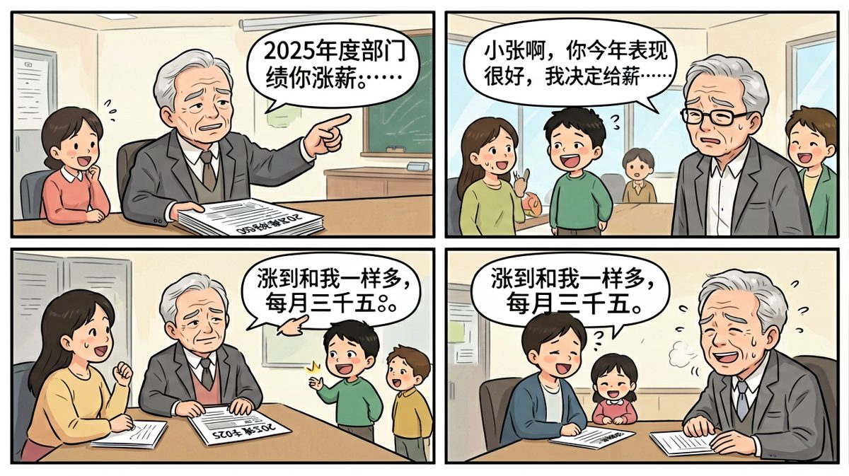 老板：你今年表现很好，我决定给你涨薪……涨到和我一样多，每月三千五。