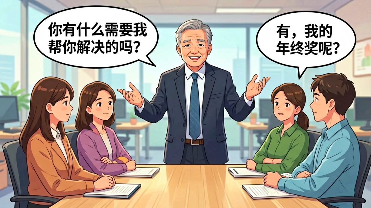 老板：有啥需要帮忙的？员工：年终奖。