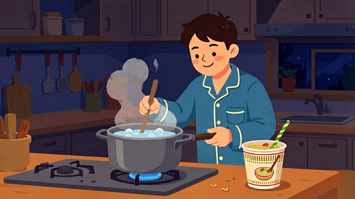 主角深夜肚子饿，决定煮一碗泡面犒劳自己