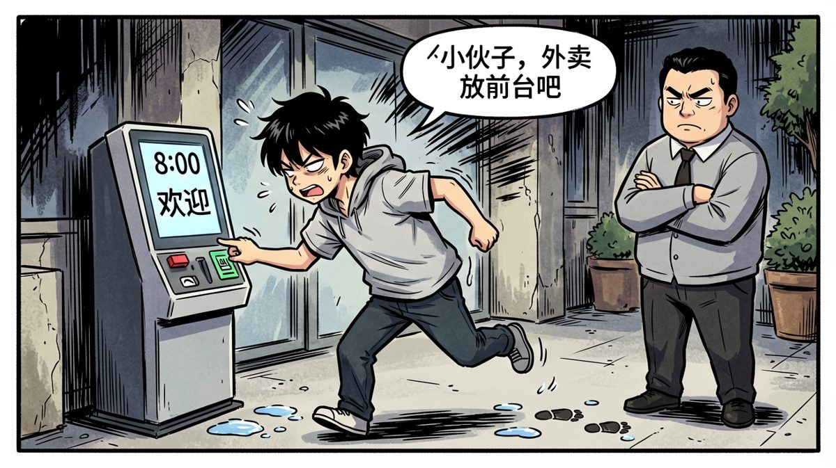 惊险卡在8点打卡成功，但保安大叔以为他是送外卖的——社死达到顶峰。