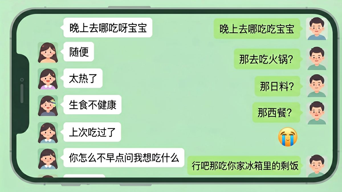 「随便」是恋爱中最难的开放题，答错了是错，答对了也是错。