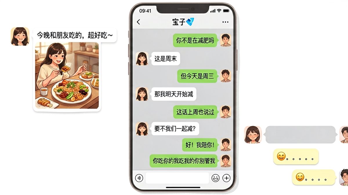 女生嘴上说减肥却发自拍晒美食，想拉男生一起减肥却被反将一军