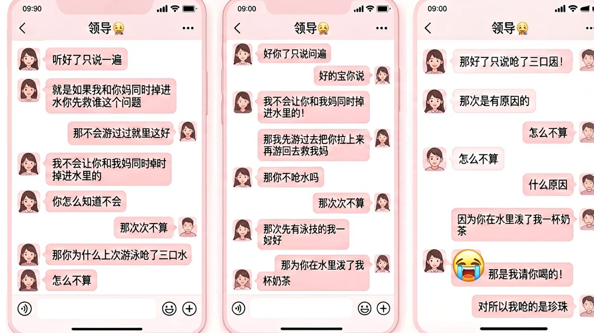 送命题'我和你妈掉水里'的经典追问，最终以一杯奶茶珍珠收尾