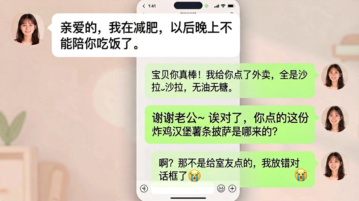 减肥借口翻车现场：女生说减肥，结果男生点了一堆垃圾食品还发错对话框