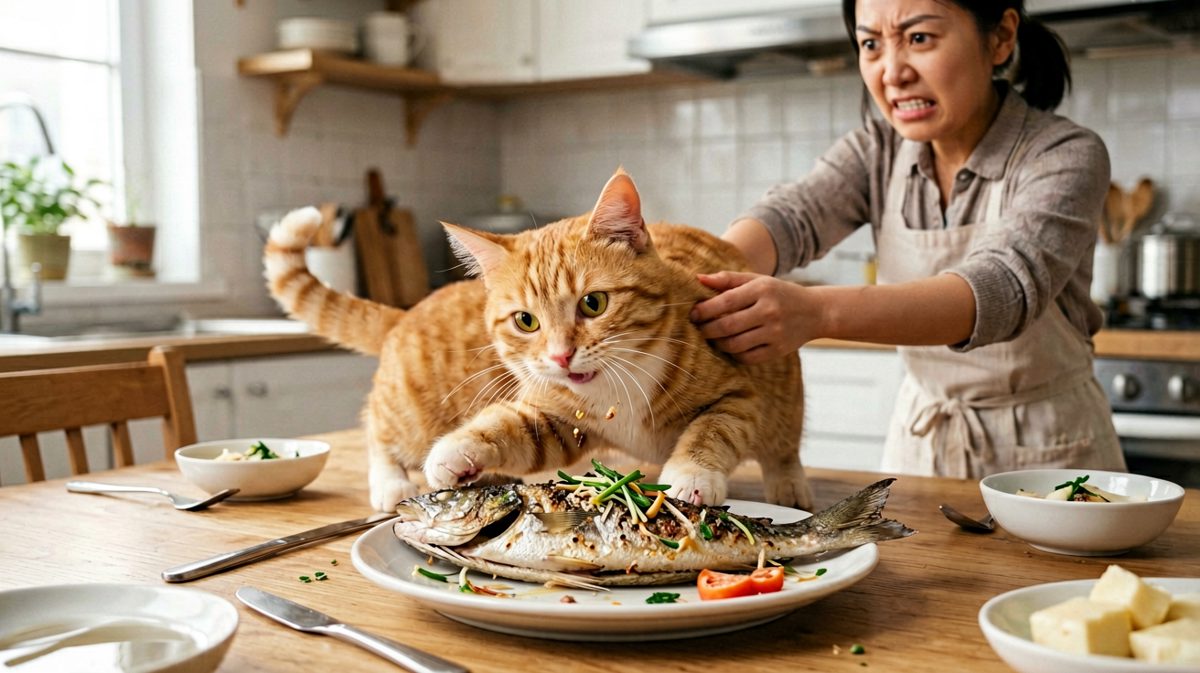 抓现行！猫咪偷吃被当场抓获