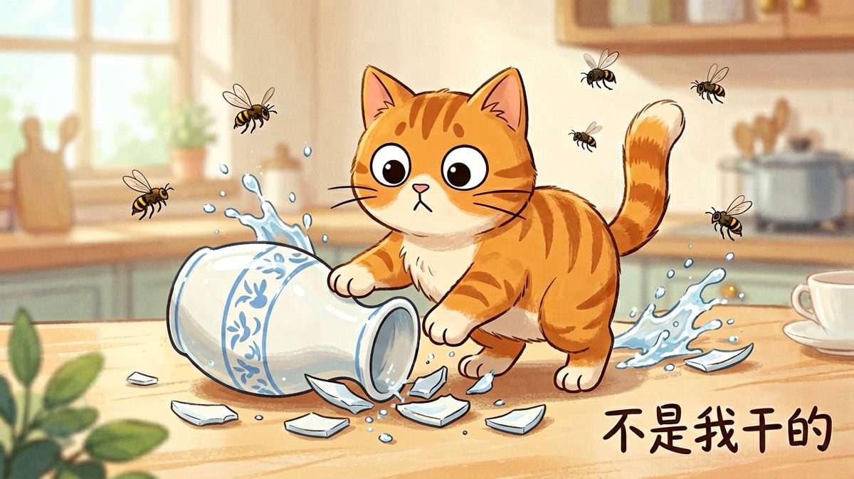 橘猫打碎花瓶后的经典表情——只要我眼睛大，主人就舍不得骂我