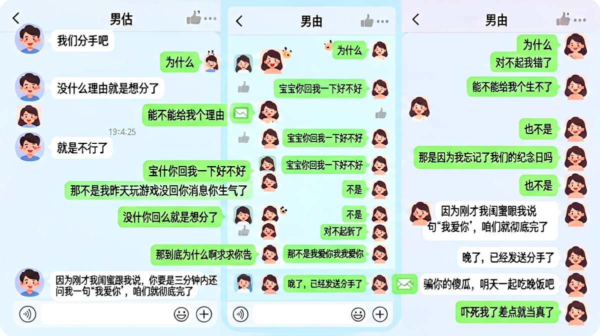 女生假装提分手试探，男生急得连发几十条，结果又是骗局