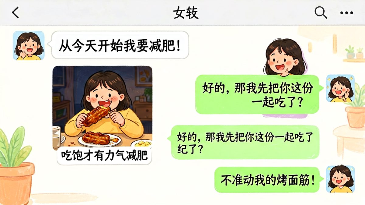 减肥宣言与烧烤现实的正面冲突，女生嘴上说着减肥身体却很诚实地在撸串