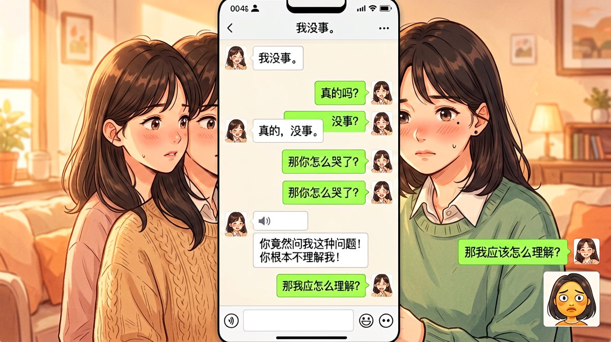 '我没事'是情侣对话中最危险的三个汉字，男生根本不知道该怎么接