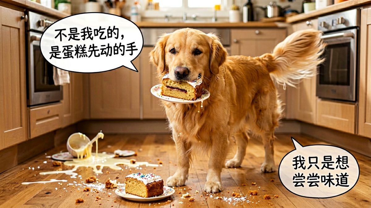 金毛偷吃蛋糕被发现后的经典无辜脸