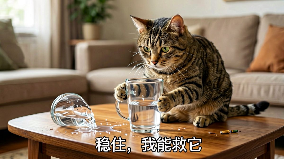 猫咪以为自己在救杯子，其实是在加速它的坠落