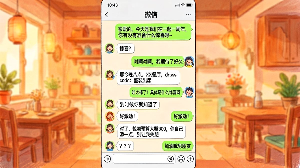一周年惊喜：惊喜预算300，让男友自己添钱