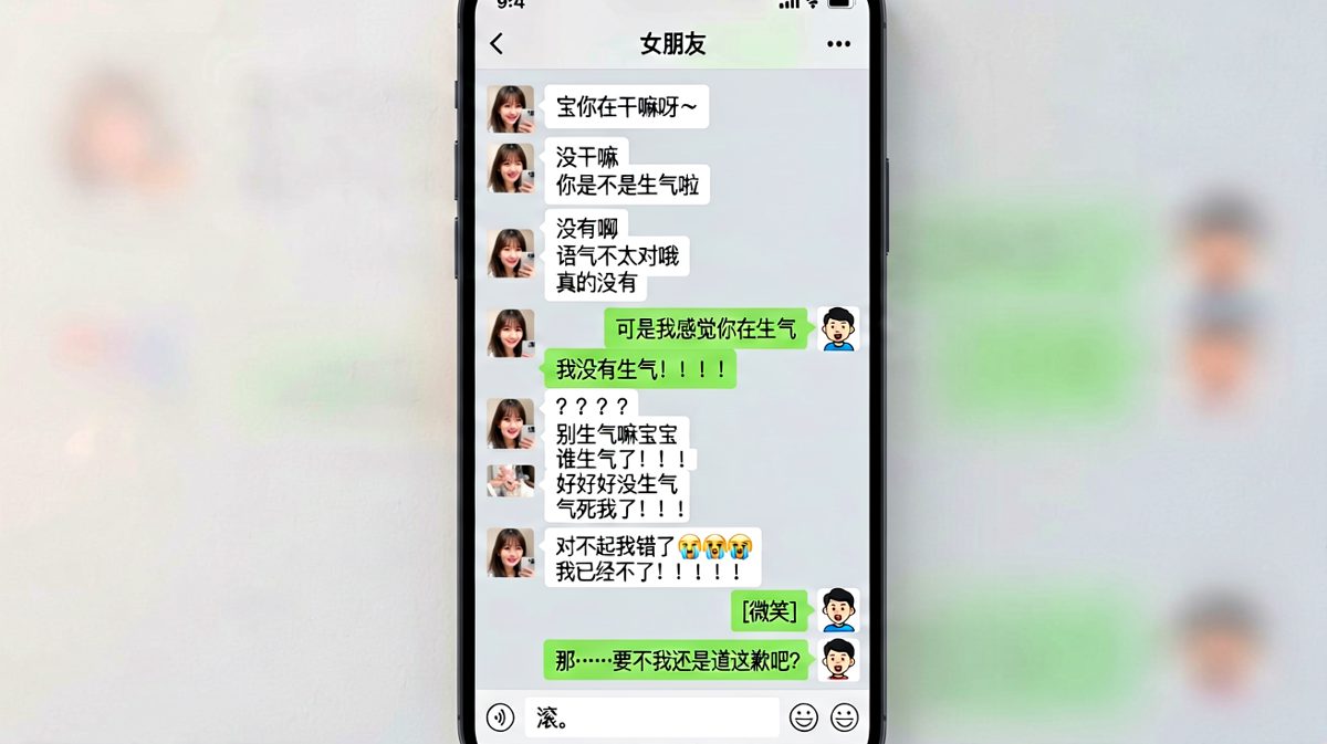 男生试图安慰生气的女友，结果越描越黑，最后女生气得说了个滚。