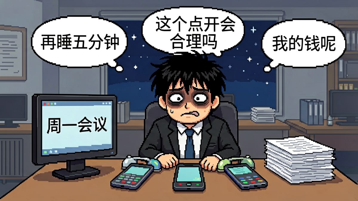 周一早晨，灵魂还在被窝里，身体已被拖到工位上打卡。