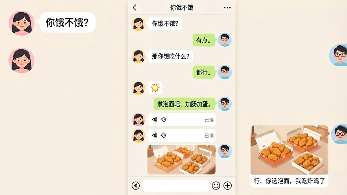 "都行"的经典陷阱，最后用炸鸡暴击终结对话。