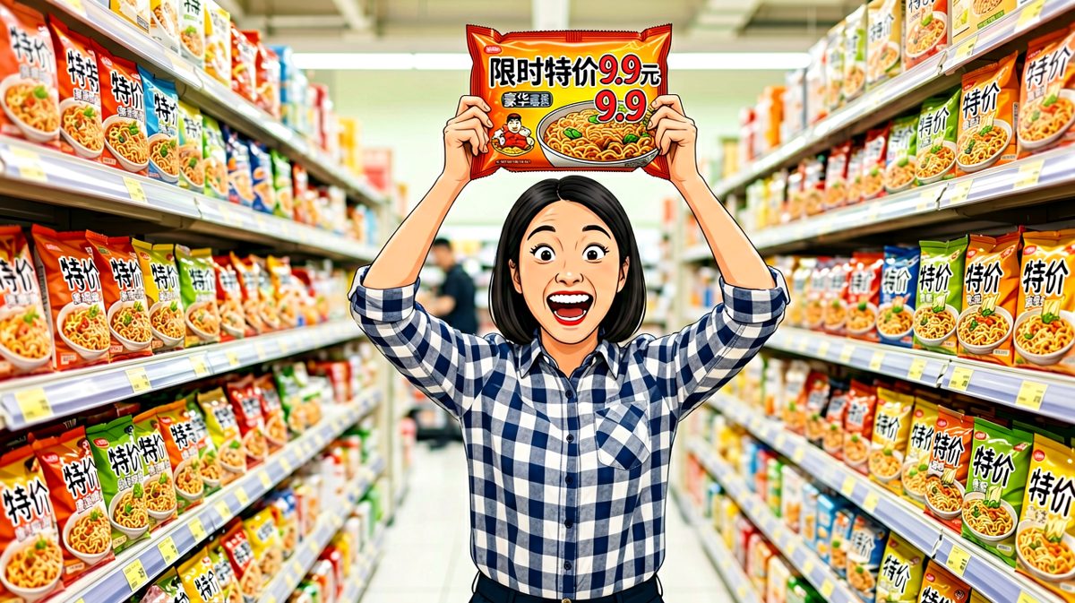 发现特价泡面，激动到跳起来