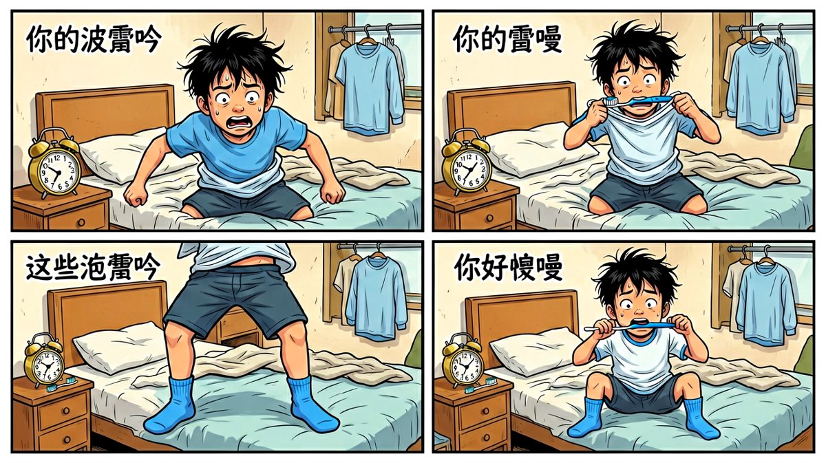 惊醒发现迟到了！小明慌乱中把衣服穿反、袜子配错。