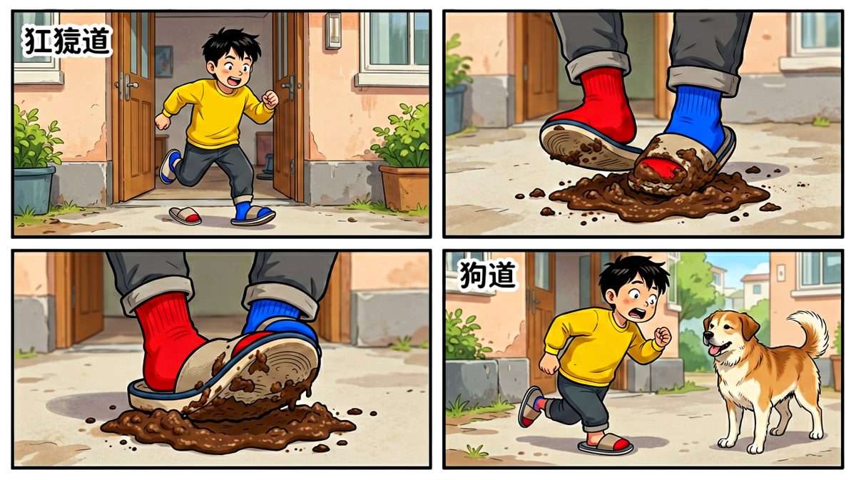 出门踩到狗屎，小明彻底崩溃，旁边的小狗还在嘲笑他。