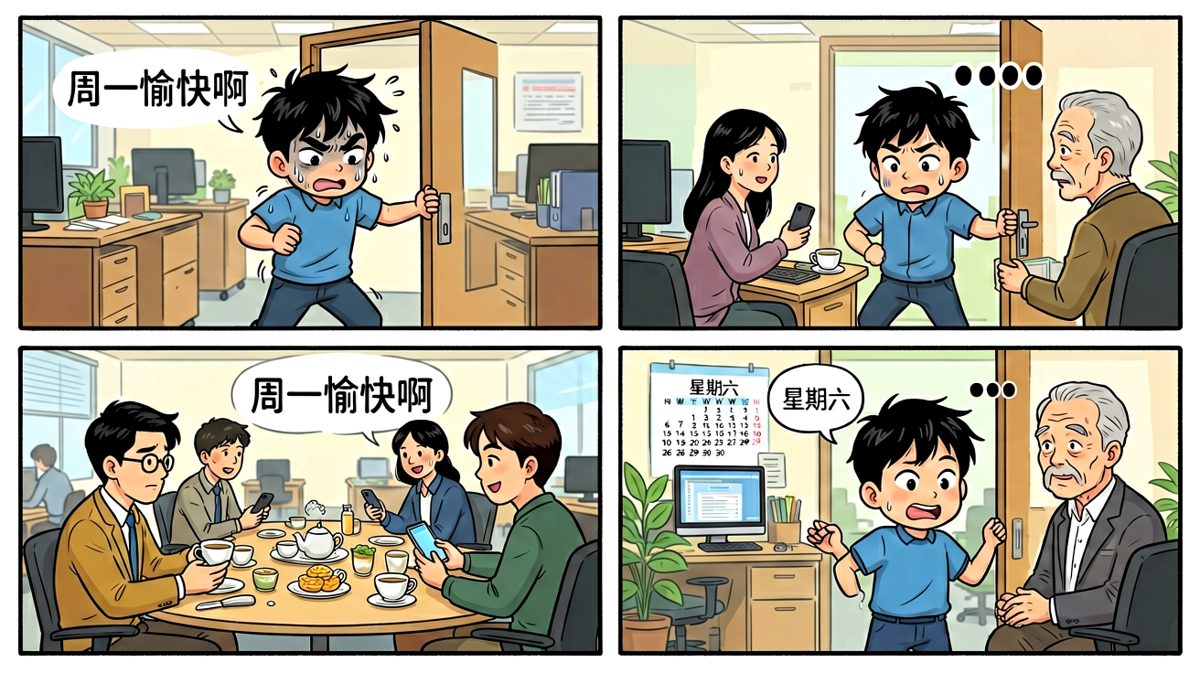 冲到公司才发现——今天其实是周末，小明彻底石化。