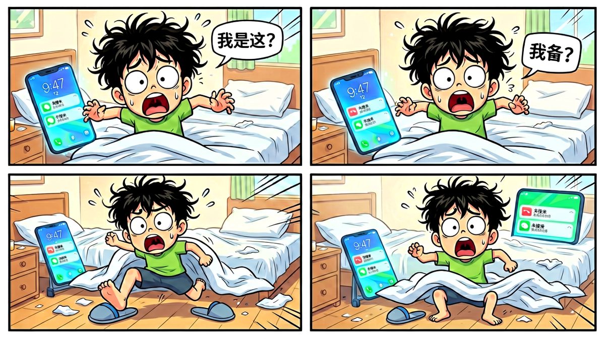 猛然惊醒！一看时间——9:47！迟到啦！