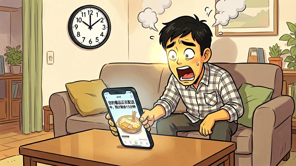 饿到灵魂出窍的小李盯着手机等外卖