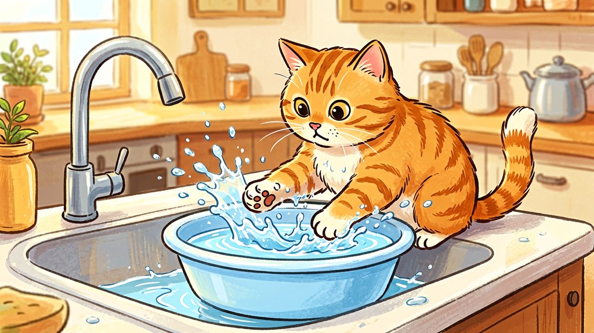 本喵不是在玩水，是在测试水温适合泡面吗？