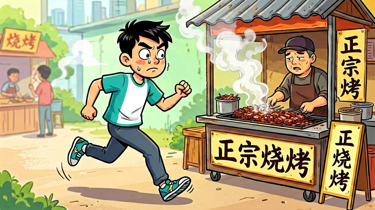 第三格：路过烧烤摊，香味直往鼻子里钻