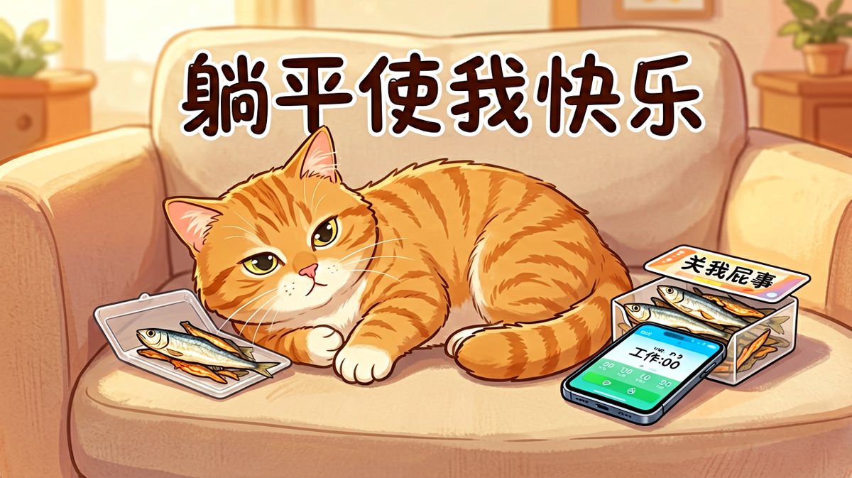 经典躺平梗图，用猫咪形象表达当代年轻人对内卷的无声抵抗
