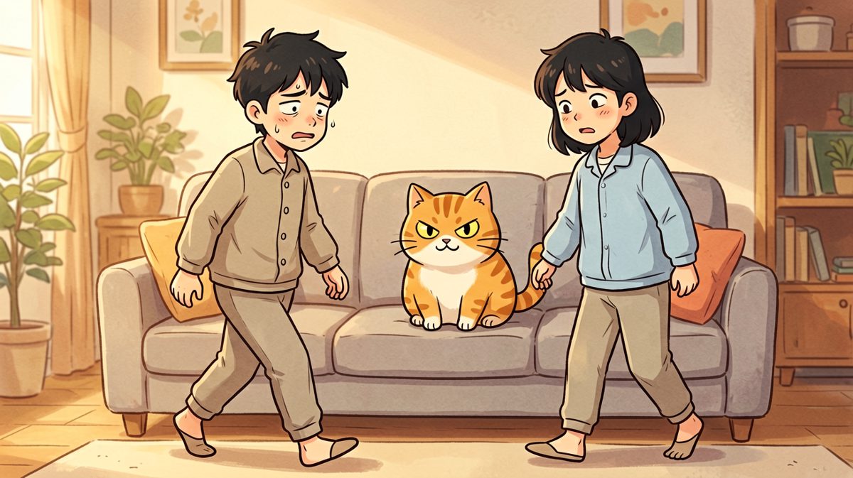 主人公累了一天想瘫在沙发上，却发现沙发已被橘猫占领。