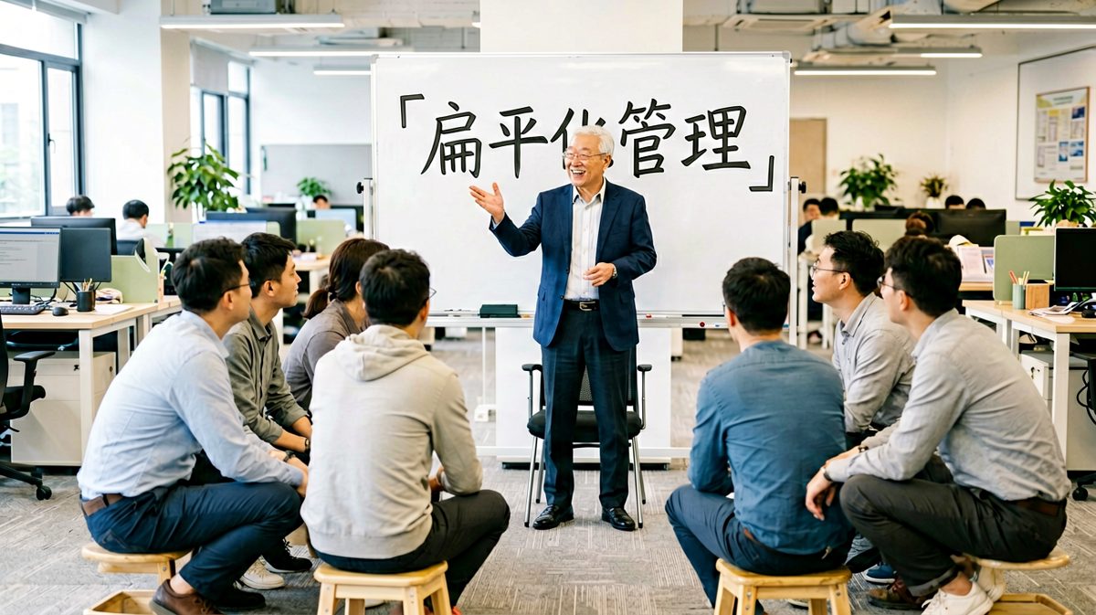 老板：「我们公司实行扁平化管理。」员工们：「太好了！」老板：「对，就是扁平到谁都得蹲着干活。」