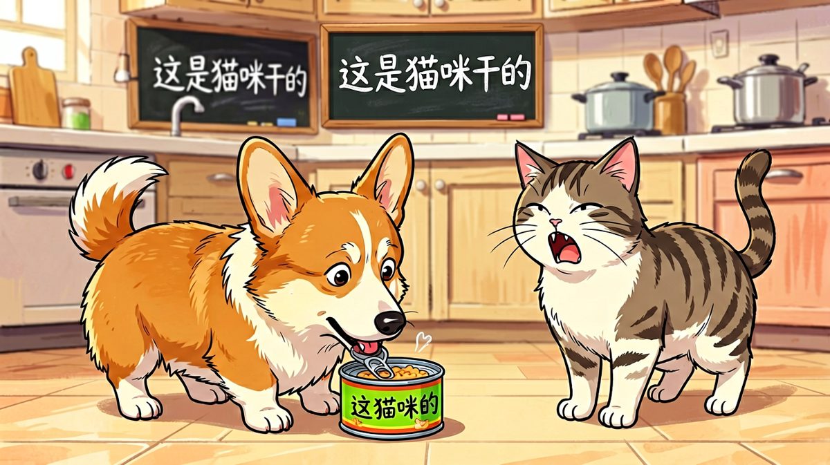 柯基偷吃猫咪罐头后的无辜表情