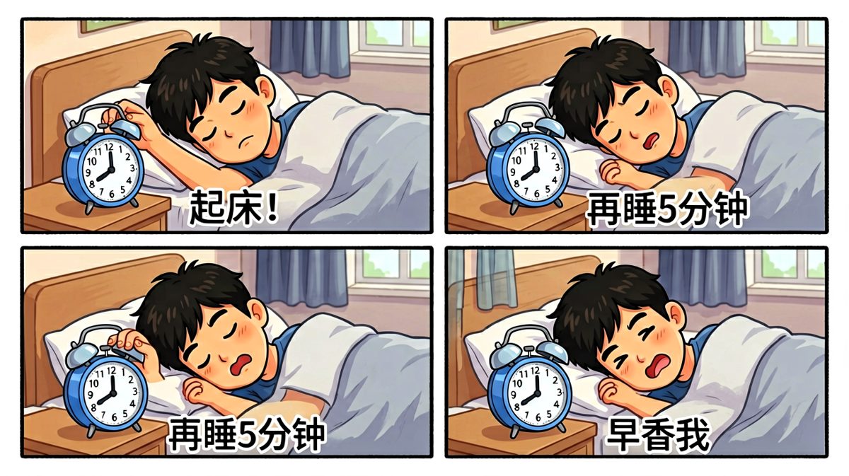 周六早上闹钟响起，主角无情拍掉继续睡