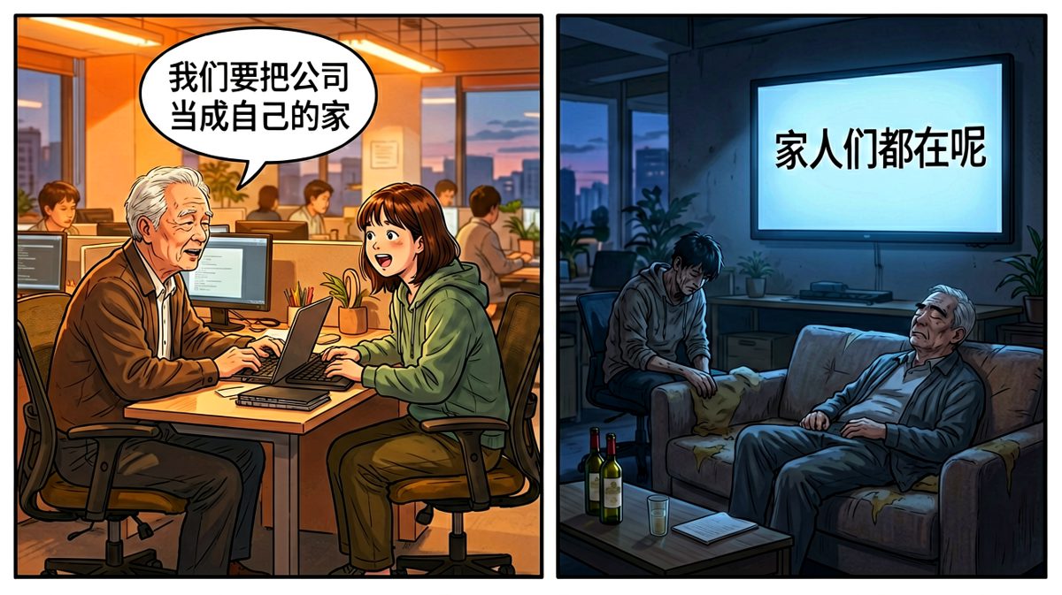 老板：公司是家。员工：那我住公司了？老板：对，加班吧。