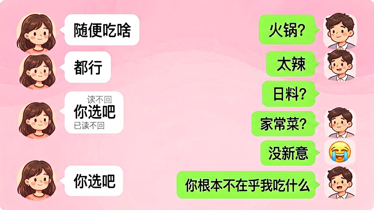 女生说'随便'是一场精心设计的考试，男生全军覆没。