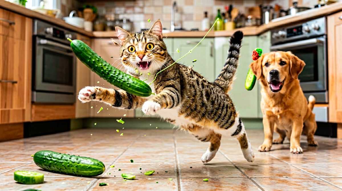 猫咪吓成毛球，狗子一脸'我做错什么了'
