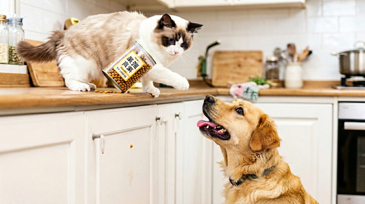 猫咪偷食险酿事故，狗狗馋到伸长脖子