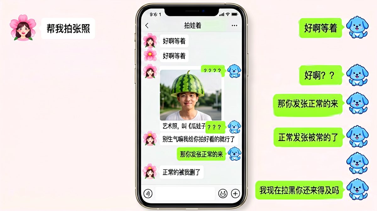 让他帮忙拍照，结果收获了一张西瓜头艺术照