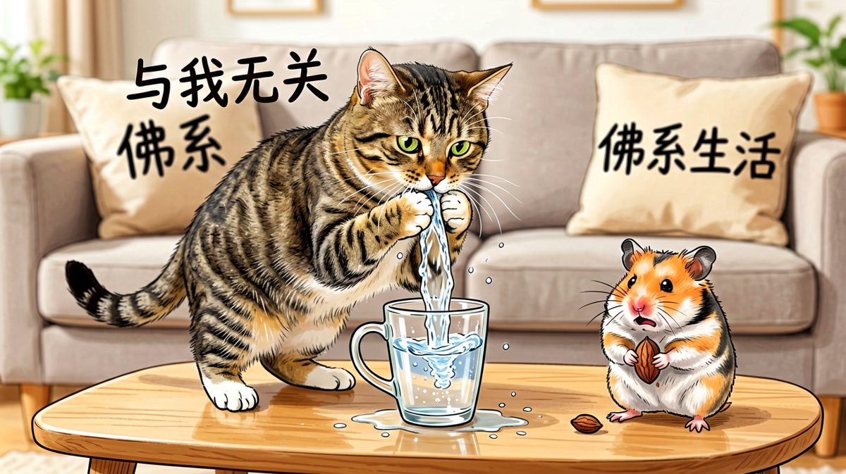 杯子说：我要喝水了。猫说：关我什么事。