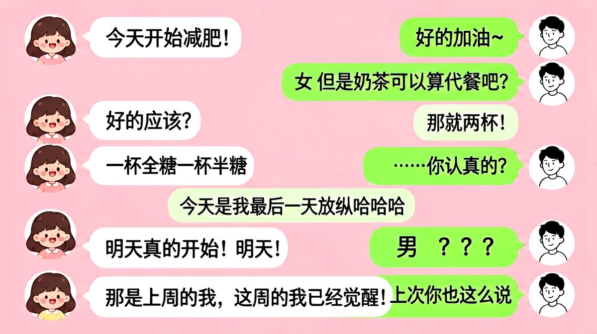 「今天开始减肥」的经典誓言，每次都说，从没兑现过。