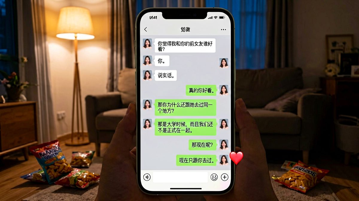女生深夜审问前任问题，男生从敷衍到真诚，最后一句'现在只跟你去过'化解危机。