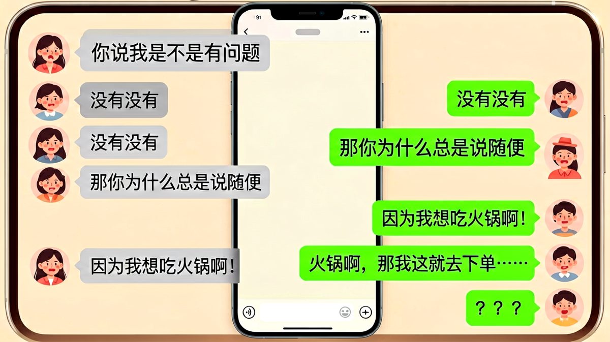 女生问自己有没有问题，男生越描越黑，最后真相是只想吃火锅。