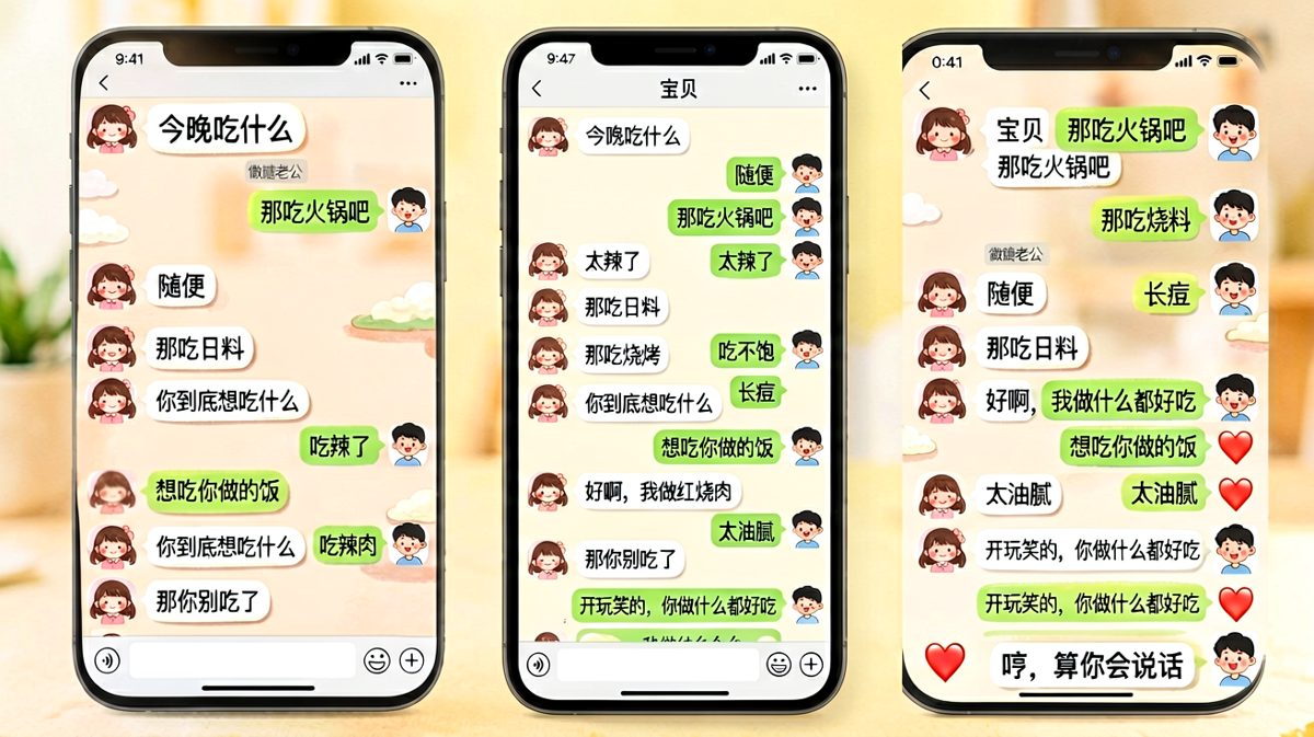 女生问男生想吃什么，男生不断否定最后反转说想吃她做的饭