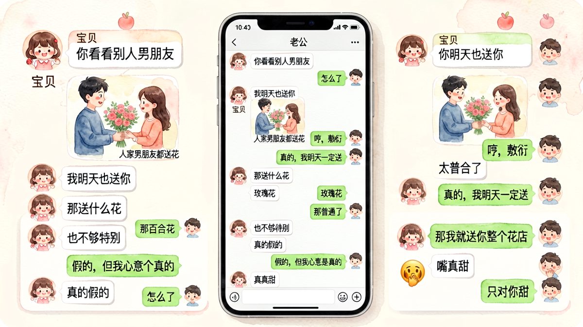 女生拿别人男朋友比较，男生最后反转说送整个花店
