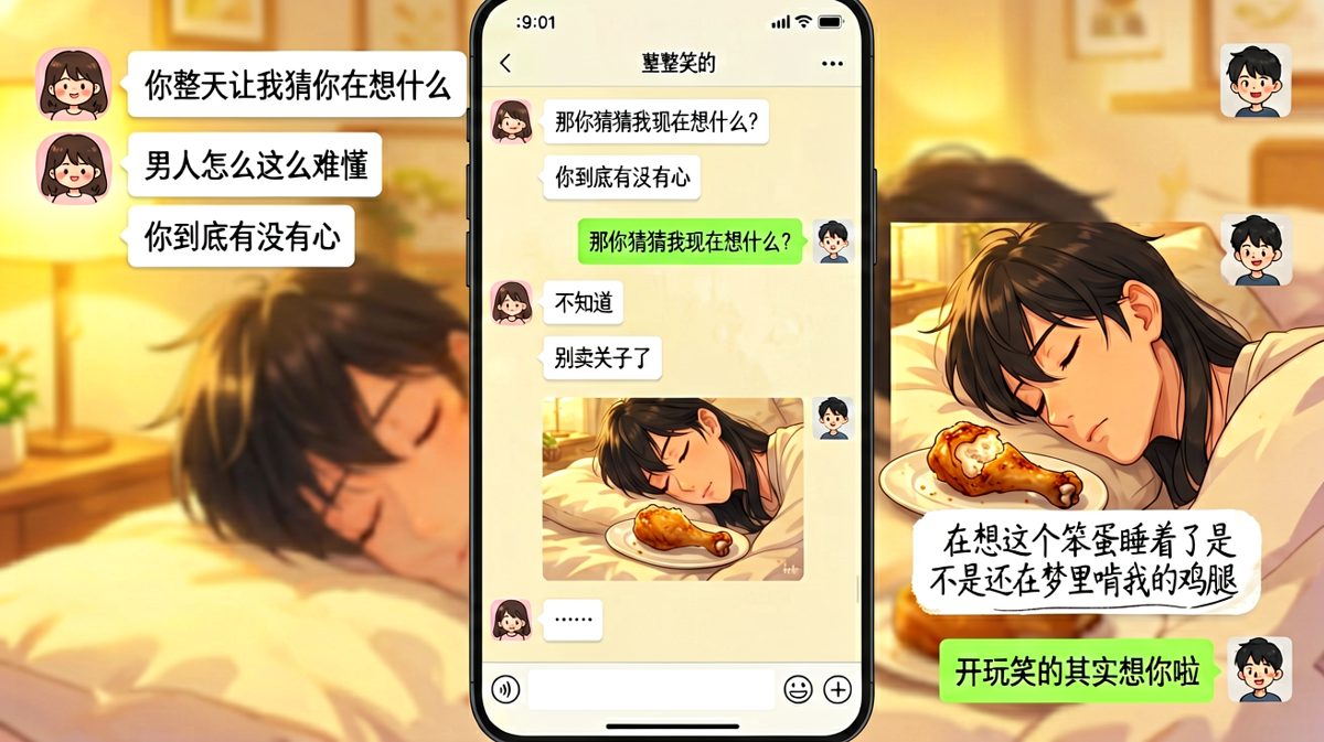 女生抱怨男生让人猜心思，男生反手一个'偷拍+偷吃'暴击，最后还补刀说想你。
