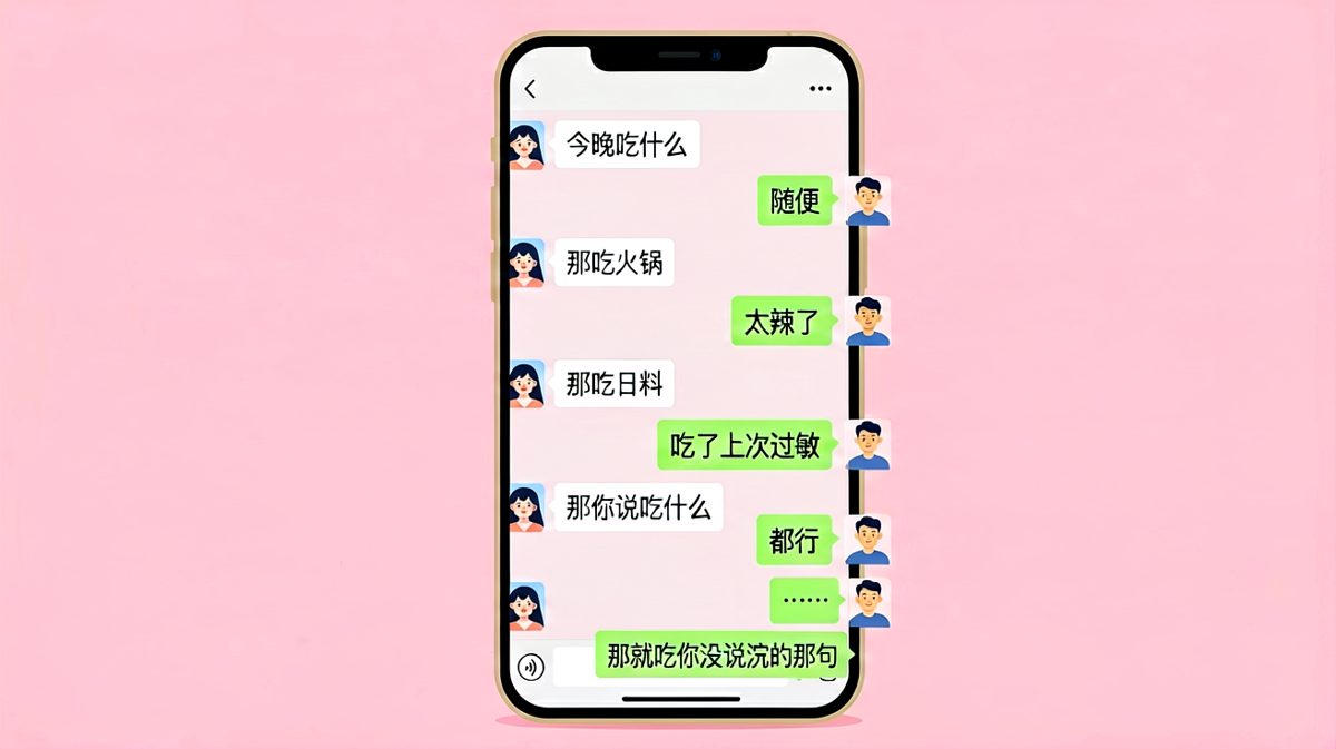 男生让女生选餐厅，女生选哪个都被否决，最后男生自己接了一句神回复。