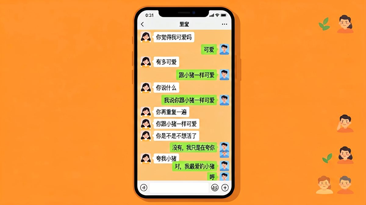 男生夸女生可爱，结果比作小猪，最后用一句情话化解危机。