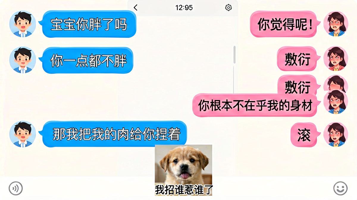 男友试图夸女友不胖，结果越描越黑还自告奋勇送肉被骂