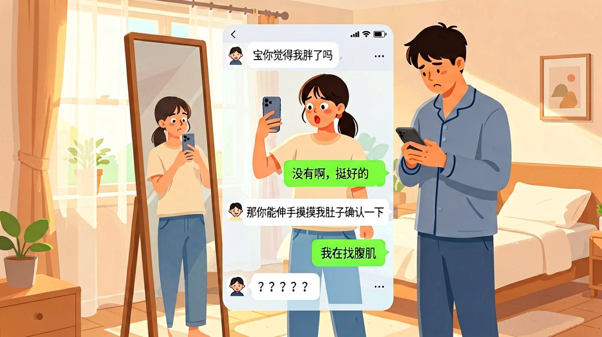 女生求证自己没胖，让男生摸肚子确认，男生却说在找腹肌，瞬间血压飙升