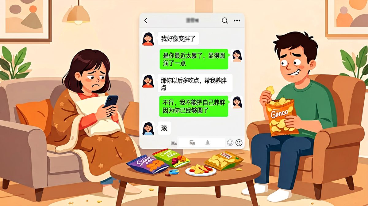 女生撒娇求安慰，男生一路嘴硬到'你已经够圆了'，直接触发拉黑结局