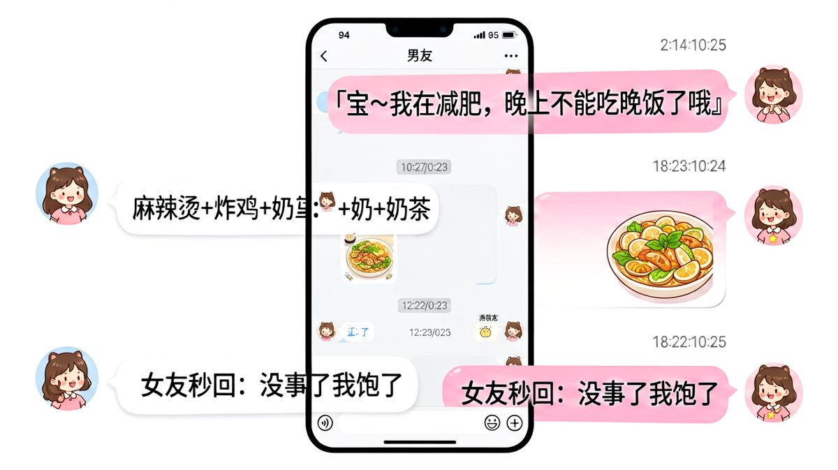嘴上喊着减肥的女友，看到男友发的美食后一秒破功